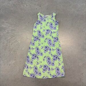 Green floral midi dress with purple flowers